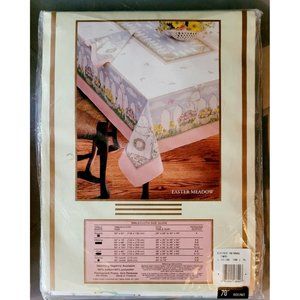 Vintage Easter Medow Bunny Tobin Holiday Tablecloth Size 70" Round, Cotton New